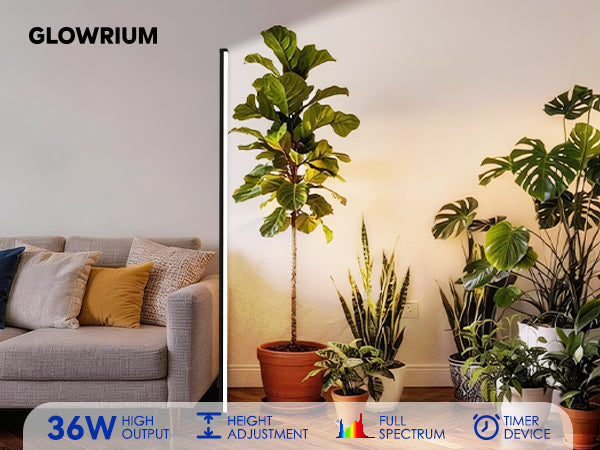 Various indoor plants illuminated by Glowrium G3 36W full spectrum vertical LED grow light
