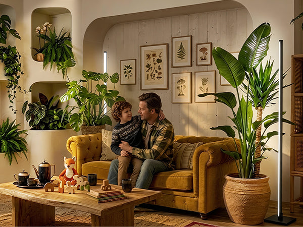 A living room illuminated by Glowrium G3 LED floor grow lights