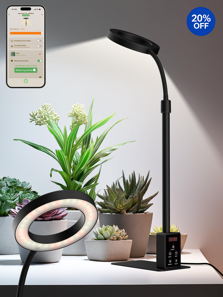 GLOWRIUM® G4 12W Smarte LED Pflanzenlampe - Vollspektrum Zimmerpflanzenlampe mit App-Steuerung, Höhenverstellbar, Dual-Timer, Pflanzenpflege-Assistent