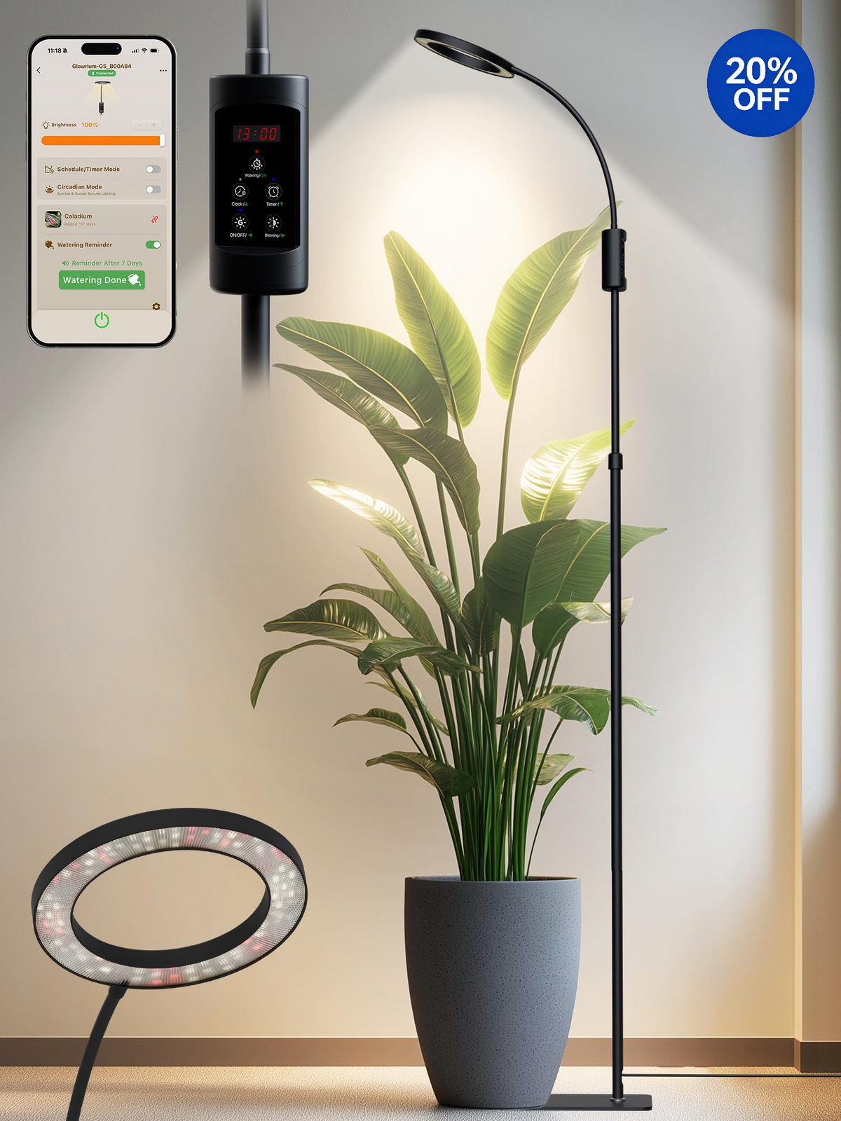 GLOWRIUM® G5 48W Smart Grow Light für große Zimmerpflanzen – Zwei Köpfe, volles Spektrum, höhenverstellbar, stufenloses Dimmen, Auto-Timer
