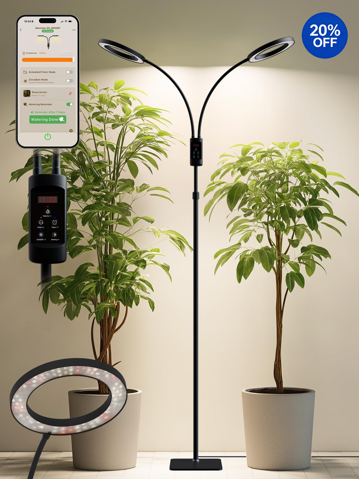GLOWRIUM® G5 48W Smart Grow Light für große Zimmerpflanzen – Zwei Köpfe, volles Spektrum, höhenverstellbar, stufenloses Dimmen, Auto-Timer