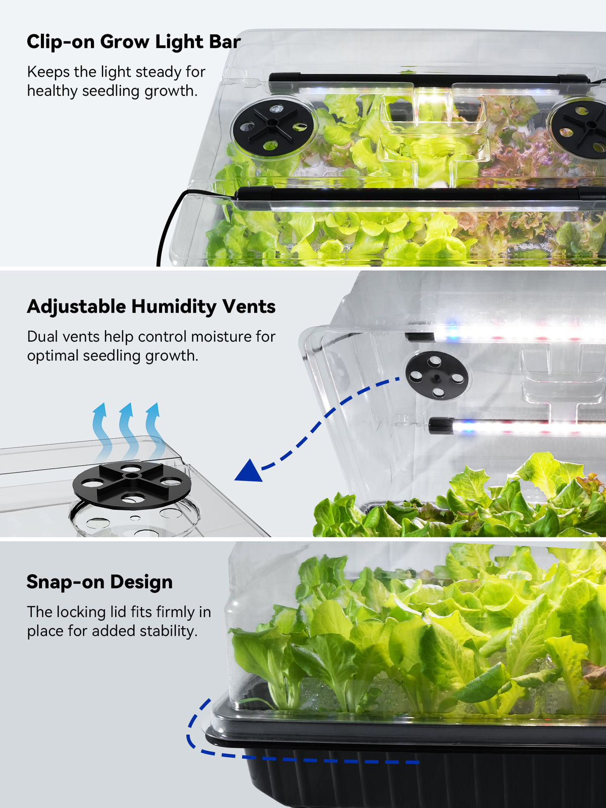 Glowrium G9 seed starter kit with clip on grow light bars, adjustable vents, and locking snap