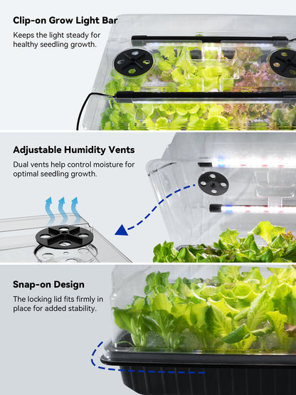 Glowrium G9 seed starter kit with clip on grow light bars, adjustable vents, and locking snap
