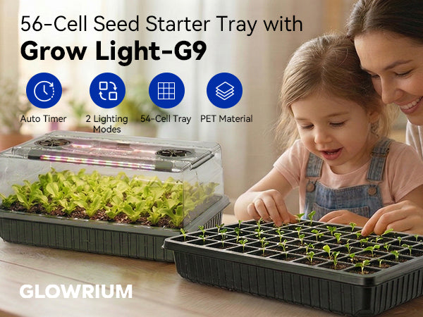 Auto timer, dual modes, and PET tray features shown on Glowrium G9 seed starter kit
