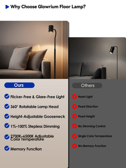 GLOWRIUM® H2B 12W 62" LED Reading Floor Lamp for Living Room &amp; Bedroom &amp; Office