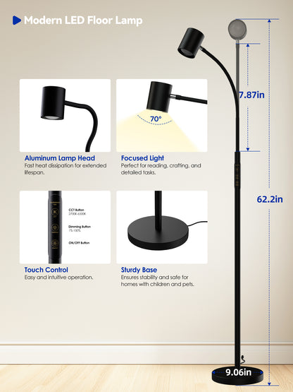GLOWRIUM® H2B 12W 62" LED Reading Floor Lamp for Living Room &amp; Bedroom &amp; Office