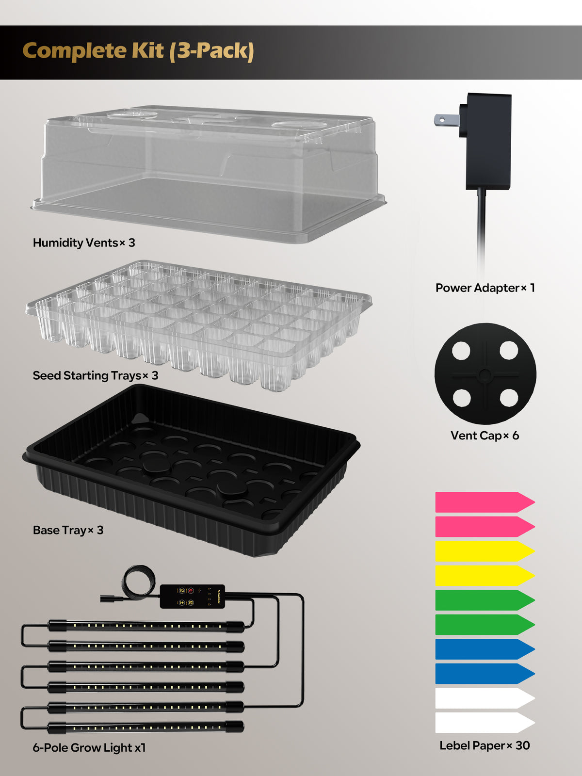 Glowrium G9 seed starter kit 3-pack showing domes, trays, and grow lights