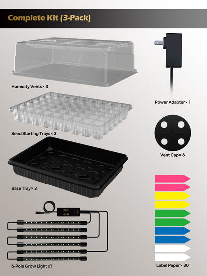 Glowrium G9 seed starter kit 3-pack showing domes, trays, and grow lights