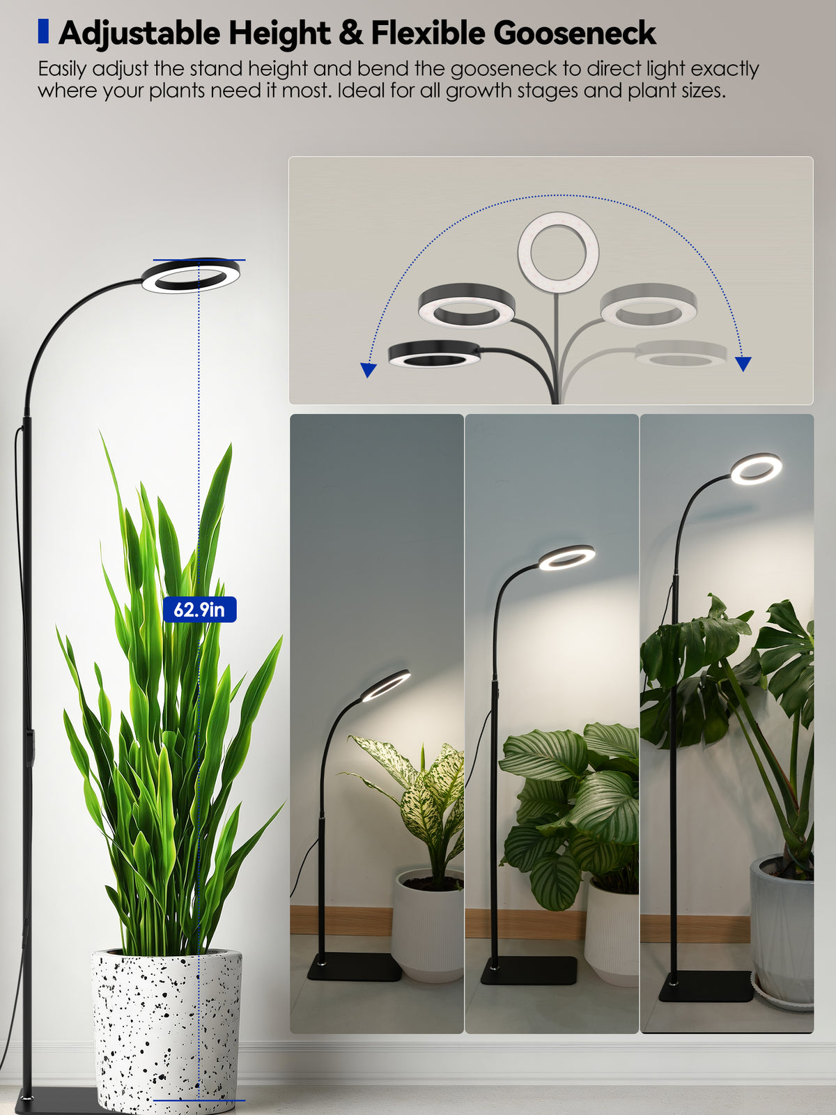 Glowrium G2 height adjustable floor grow light engineering specs showing stable base stand scaling from 62.9 inches up to 70.9 inches with flexible gooseneck arching