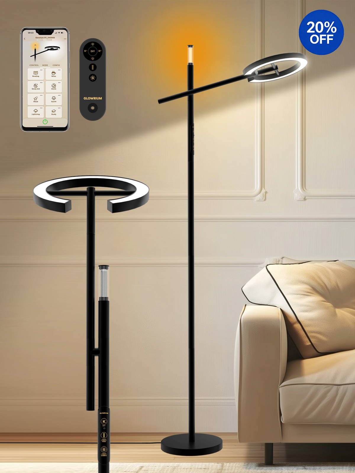 GLOWRIUM® H1 Smart Home Floor Lamp with APP Control &amp; Stepless Dimmable