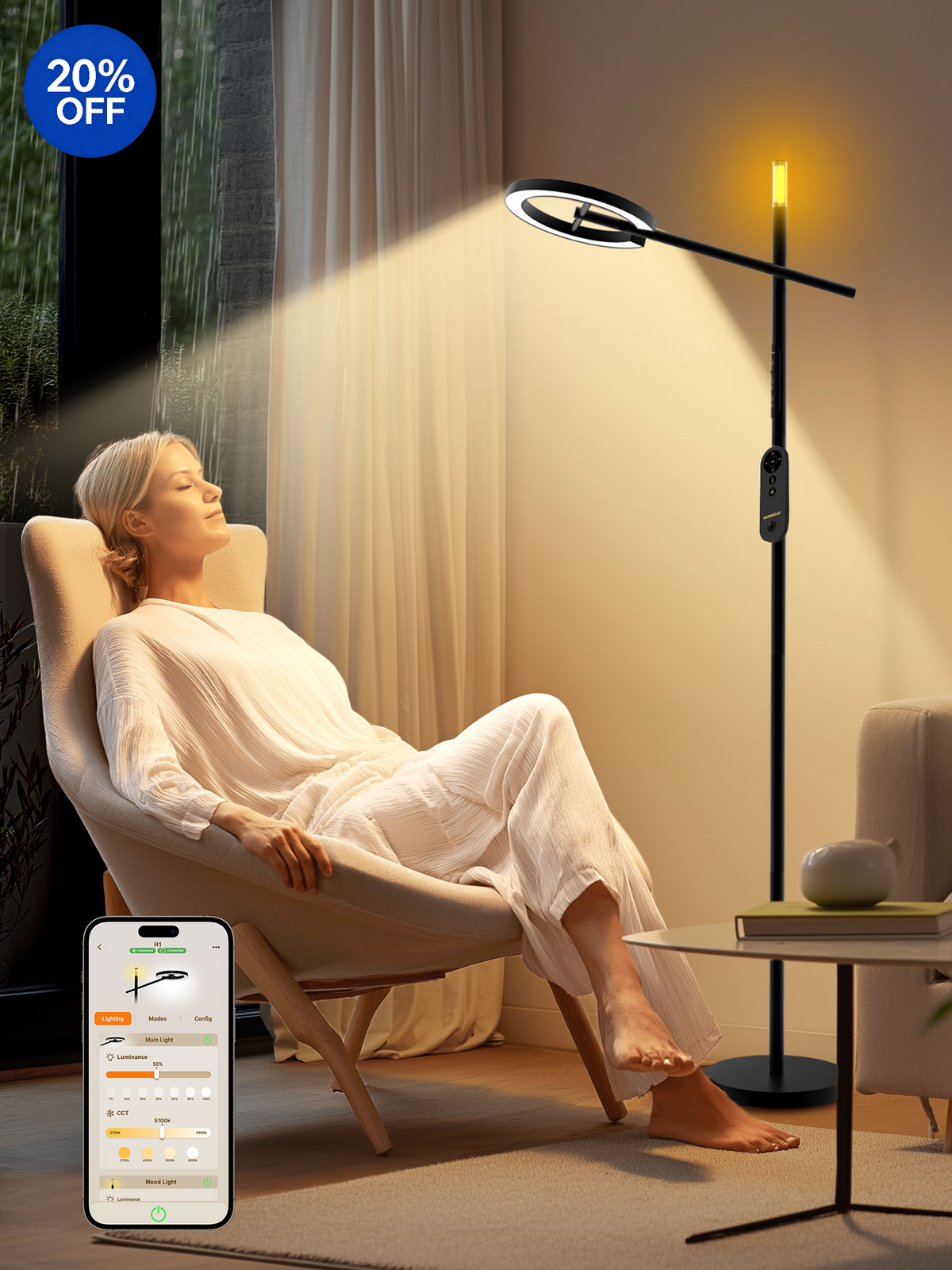 GLOWRIUM® H1 Intelligente Lichttherapie-Lampe – UV-frei, stufenloses Dimmen, Unterstützung des zirkadianen Rhythmus, smarte Steuerung