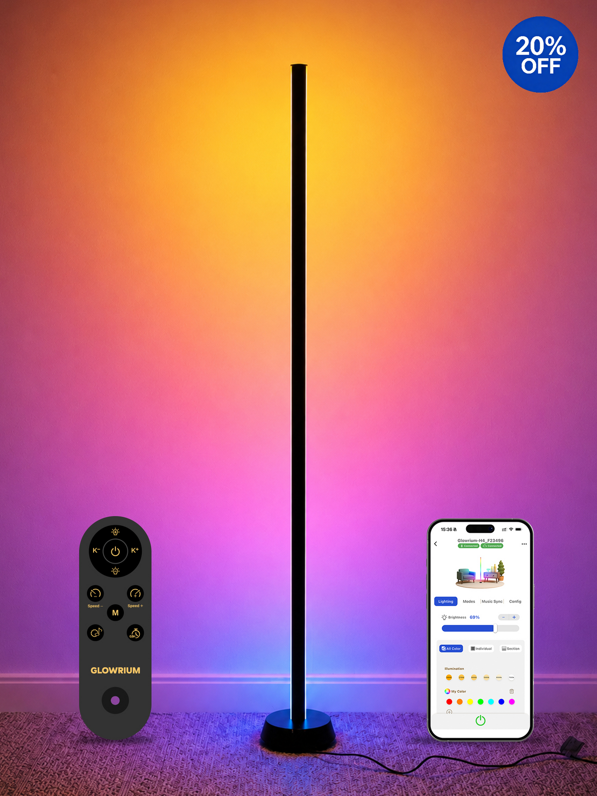 GLOWRIUM® H4 Smarte LED Eck-Stehlampe – RGB+IC Farbeffekte, Alexa- &amp; App-Steuerung, Dimmbare Stimmungsbeleuchtung für Gaming-Zimmer &amp; Wohnbereiche