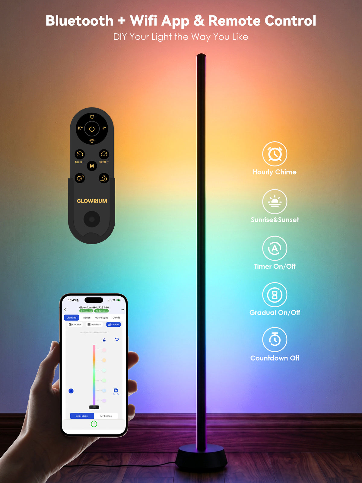 GLOWRIUM® H4 Smarte LED Eck-Stehlampe – RGB+IC Farbeffekte, Alexa- &amp; App-Steuerung, Dimmbare Stimmungsbeleuchtung für Gaming-Zimmer &amp; Wohnbereiche