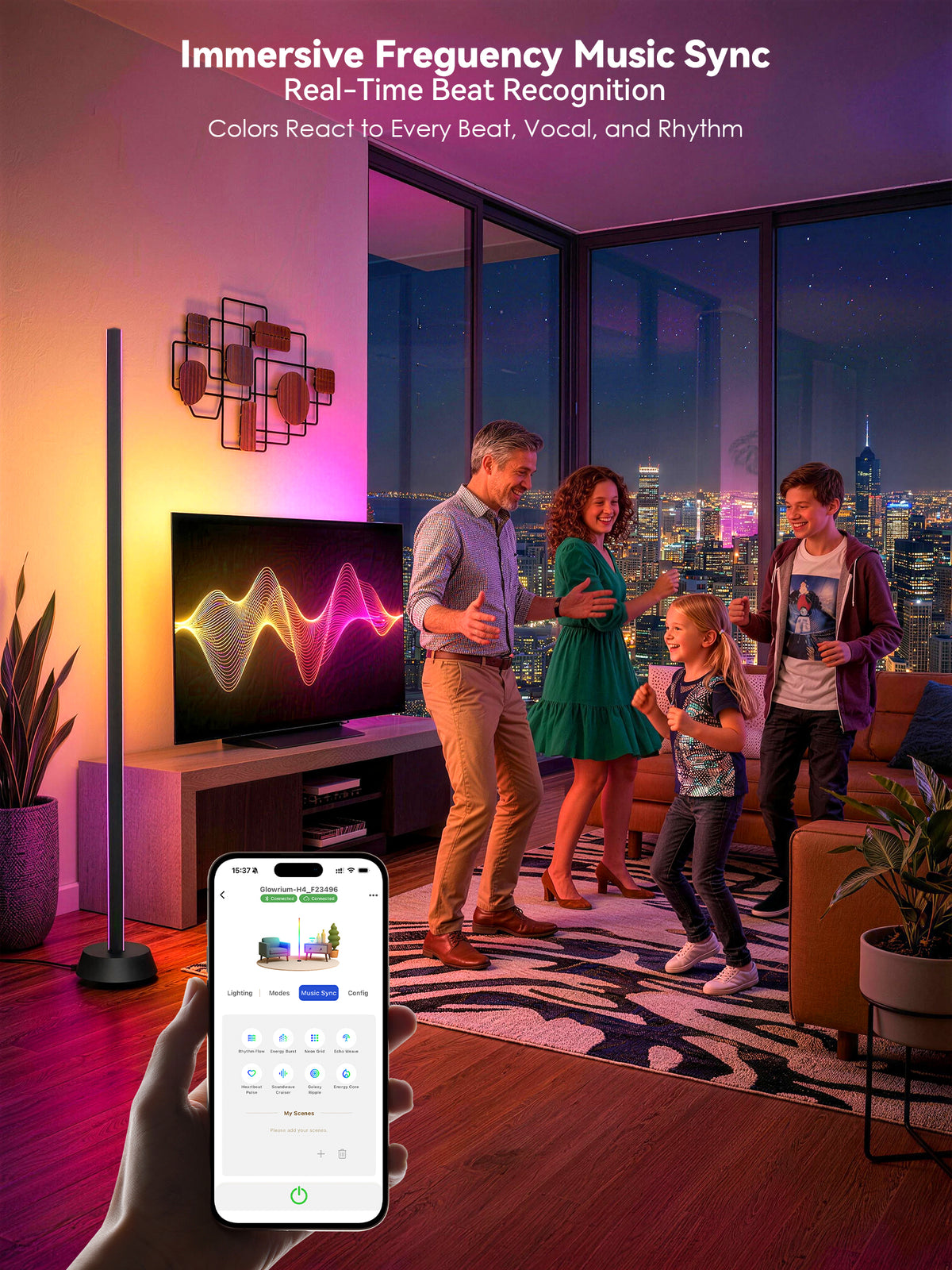 GLOWRIUM® H4 Smarte LED Eck-Stehlampe – RGB+IC Farbeffekte, Alexa- &amp; App-Steuerung, Dimmbare Stimmungsbeleuchtung für Gaming-Zimmer &amp; Wohnbereiche