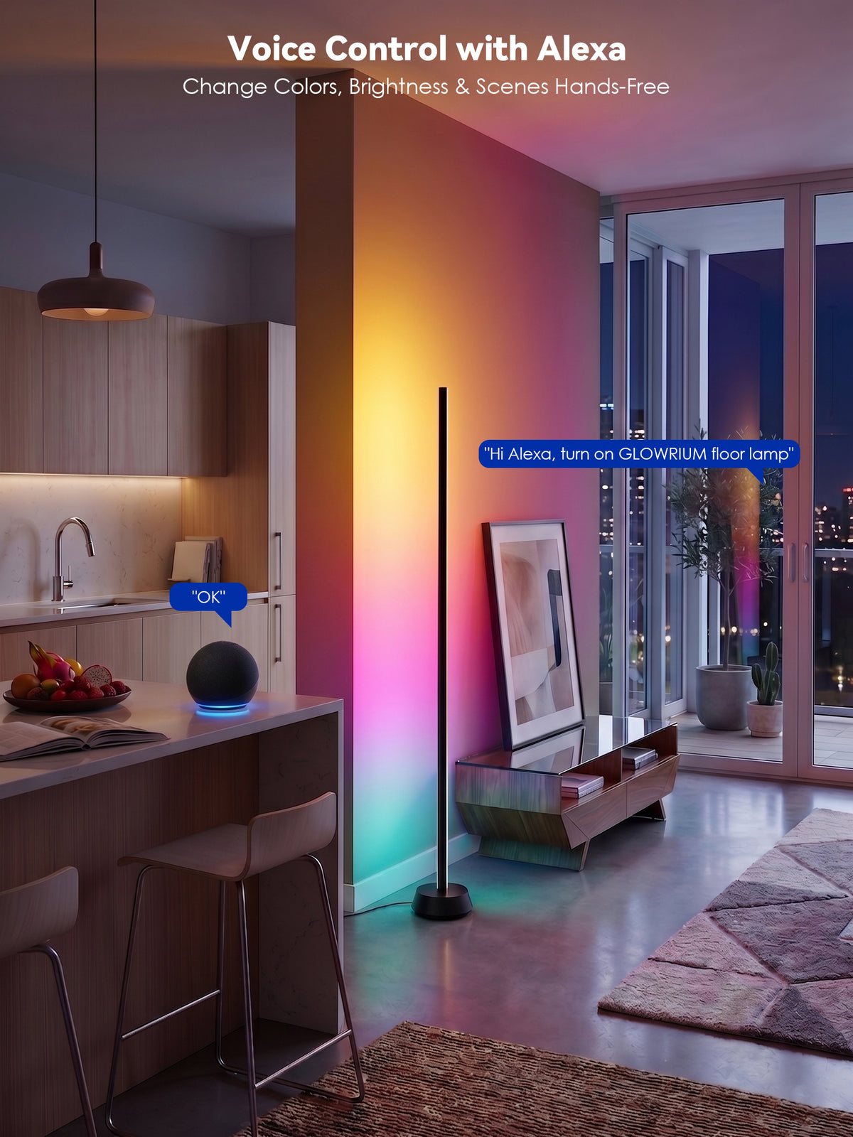 GLOWRIUM® H4 Smarte LED Eck-Stehlampe – RGB+IC Farbeffekte, Alexa- &amp; App-Steuerung, Dimmbare Stimmungsbeleuchtung für Gaming-Zimmer &amp; Wohnbereiche