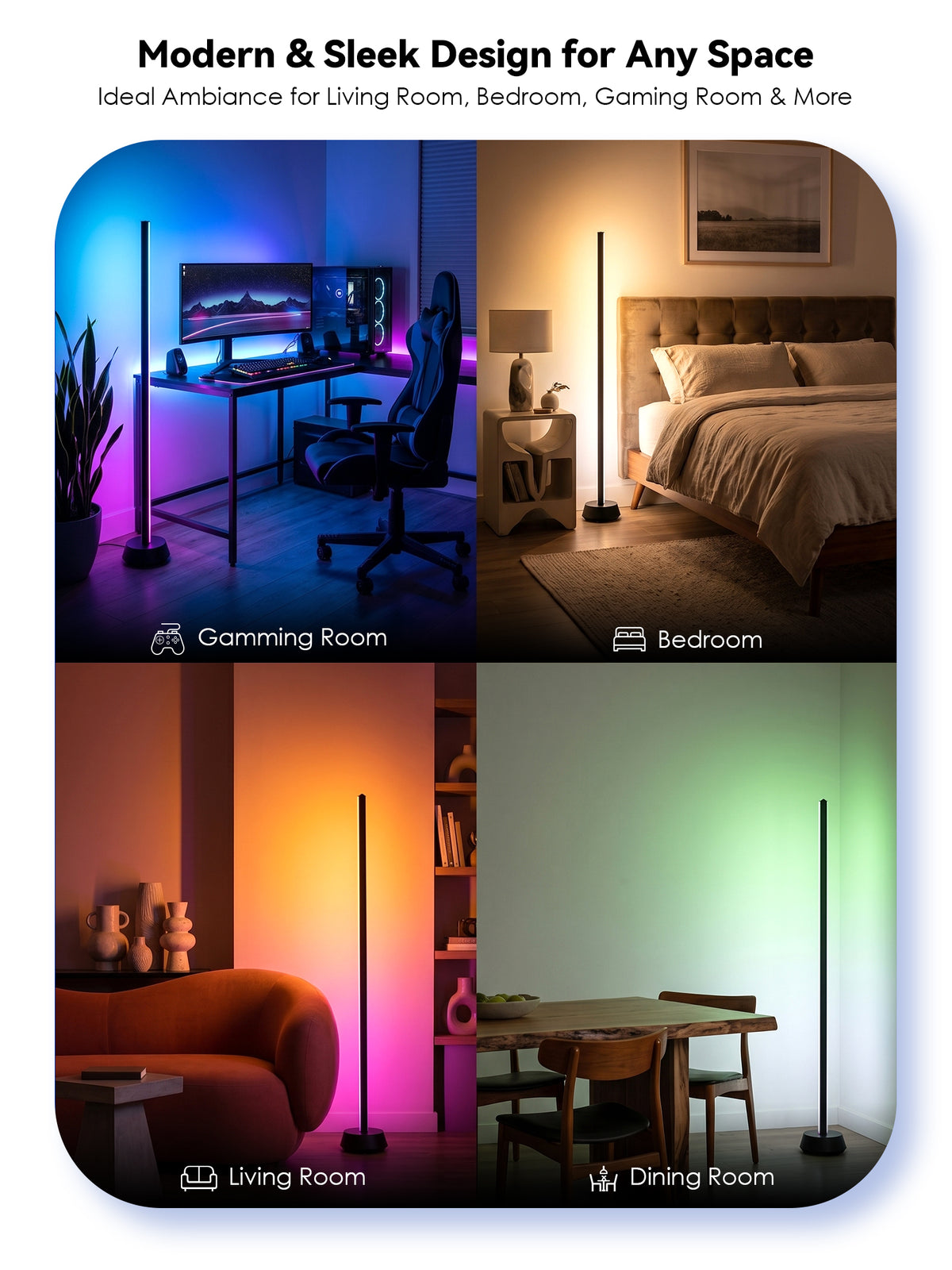 GLOWRIUM® H4 Smarte LED Eck-Stehlampe – RGB+IC Farbeffekte, Alexa- &amp; App-Steuerung, Dimmbare Stimmungsbeleuchtung für Gaming-Zimmer &amp; Wohnbereiche