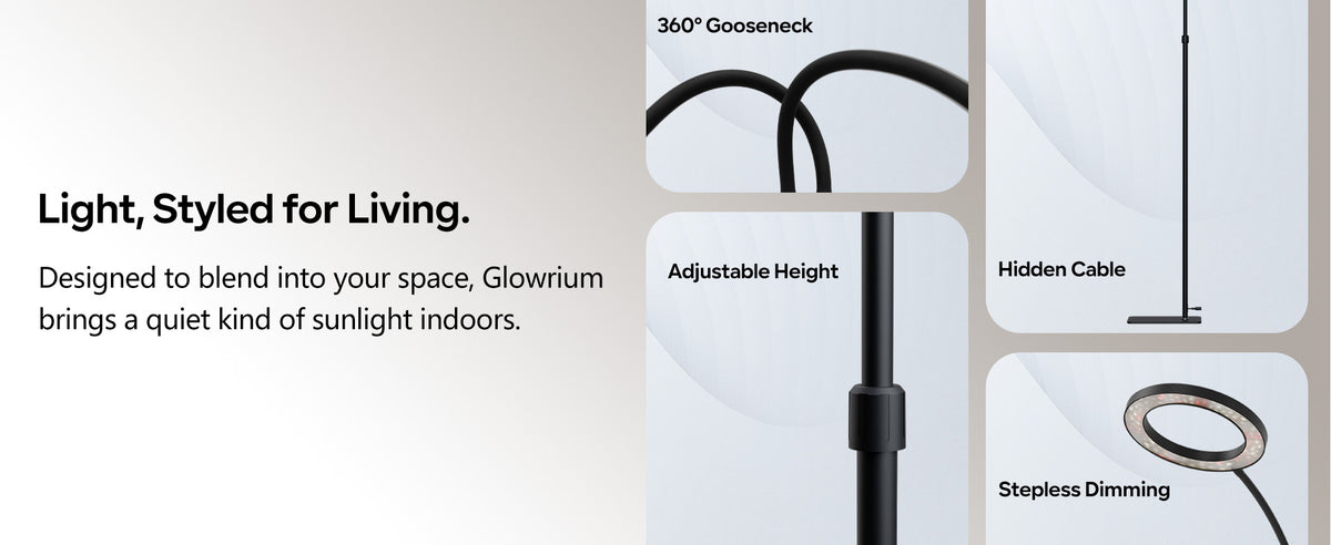 Glowrium G5 minimalist standing plant light showing close-up details of its stable base, hidden wire design, and adjustable sleek gooseneck arms