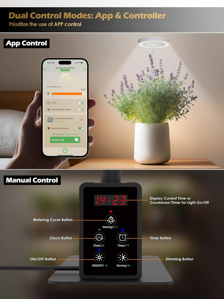 GLOWRIUM® G4 12W Smarte LED Pflanzenlampe - Vollspektrum Zimmerpflanzenlampe mit App-Steuerung, Höhenverstellbar, Dual-Timer, Pflanzenpflege-Assistent