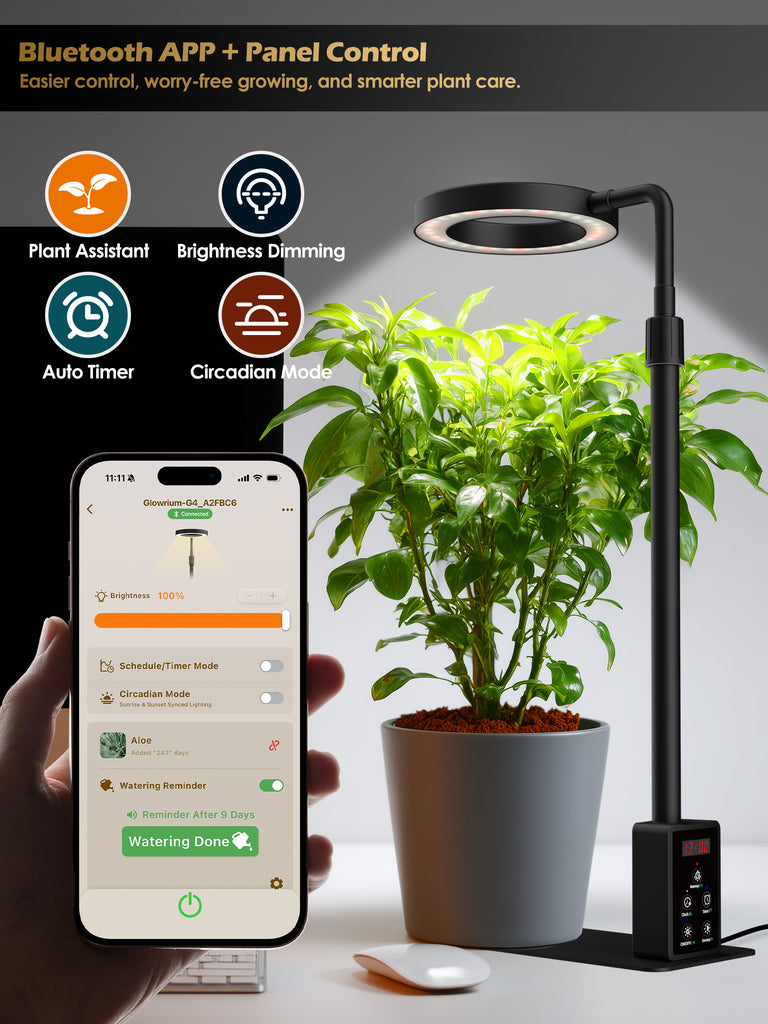 GLOWRIUM® G4 12W Smarte LED Pflanzenlampe - Vollspektrum Zimmerpflanzenlampe mit App-Steuerung, Höhenverstellbar, Dual-Timer, Pflanzenpflege-Assistent