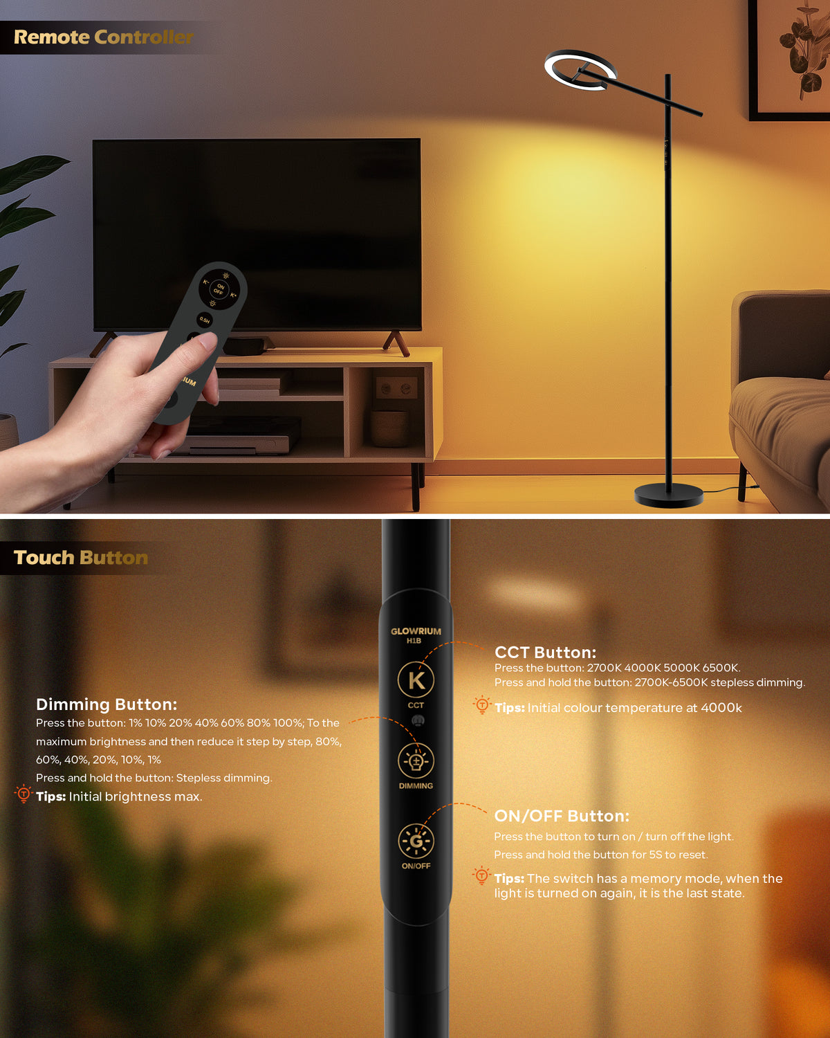 GLOWRIUM® H1B 2700-6500K Reading Floor Lamp with Stepless Dimmable, Rotatable for Living Room &amp; Bedroom &amp; Office